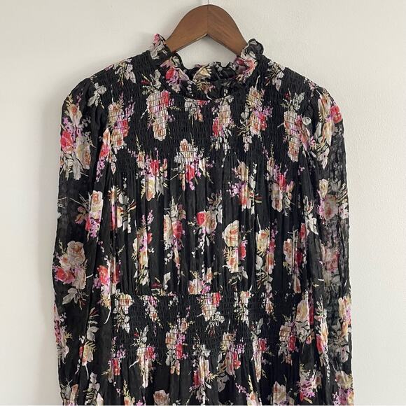 Rebecca Taylor | Women’s Black Floral Smock Dress Silk Ruffles Mock-Neck Flowy M - Picture 7 of 13